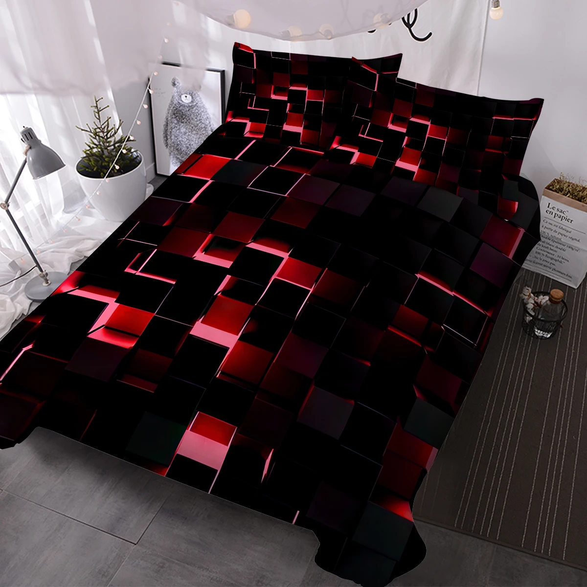 Blocks with Red Lignt Bedding Set with Two Pillowcases Quilt Cover Set For All Seasons Home Bedroom Decor