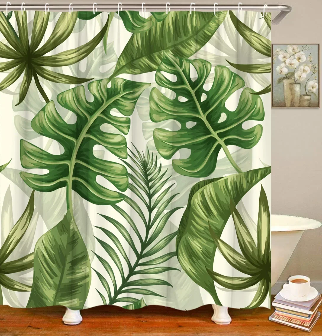 Tropical Plant Shower Curtain Floral Watercolor Green Farm Banana Leaf Nordic Decor Bathroom Polyester Fabric Shower Curtain Set