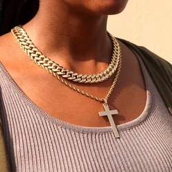 2Pcs Stainless Steel Rope Chain Christian Cross Necklace Women Men 13MM Metal Cuban Link Chain Necklace Punk Hip Hop Jewelry