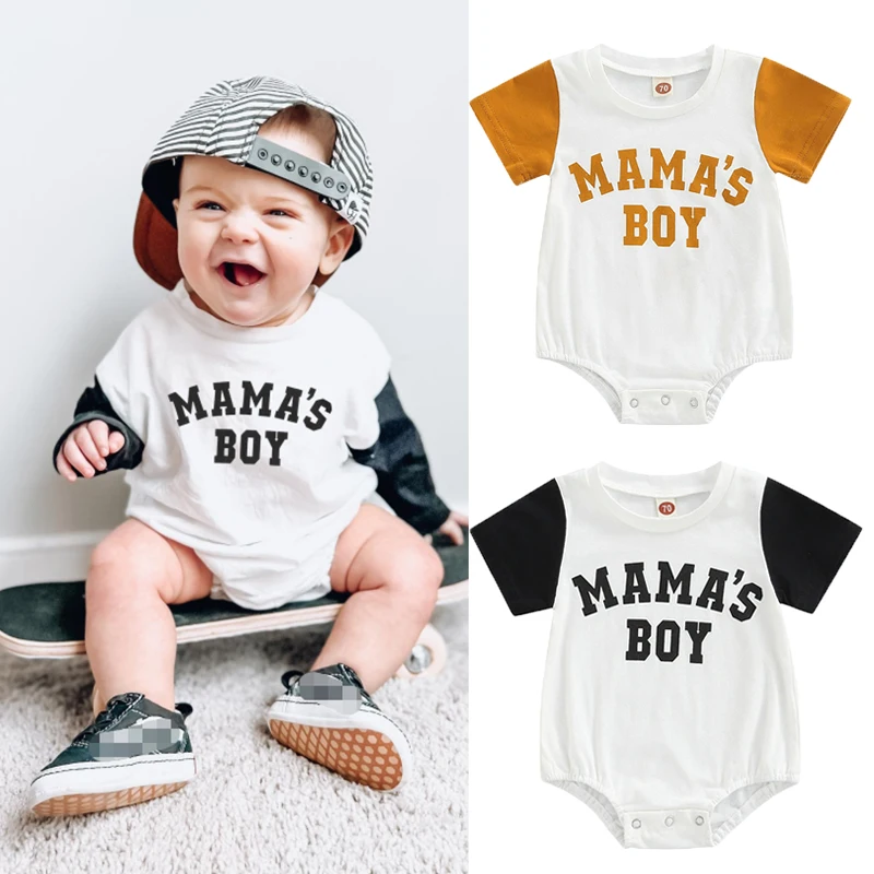 FOCUSNORM 3 Colors Baby Boys Summer Casual Romper 0-18M Letter Printed Short Sleeve Patchwork Jumpsuits