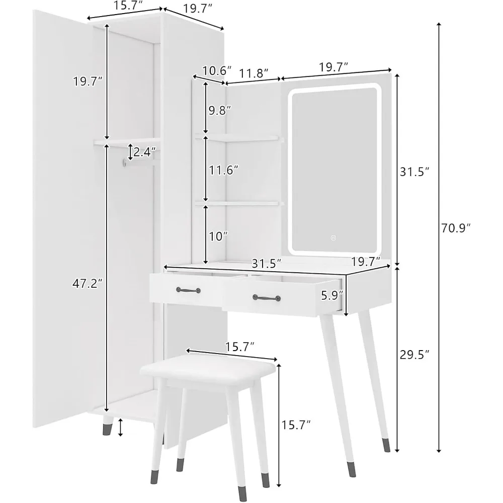 طاولة مكياج مضاءة مع محطة شحن ومكتب أبيض وخزانة ملابس صغيرة ودرجين