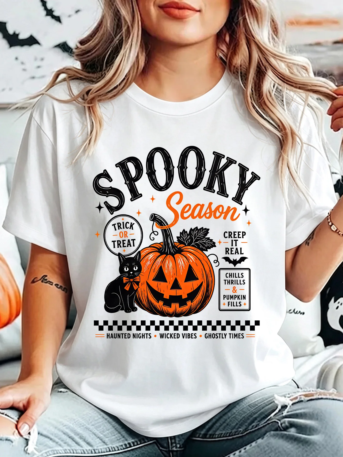 Spooky Season Pumpkin Black Cat Crew Neck Short Sleeve T Shirt Retro Halloween Trick Or Treat Graphic Tees Family Matching Tops