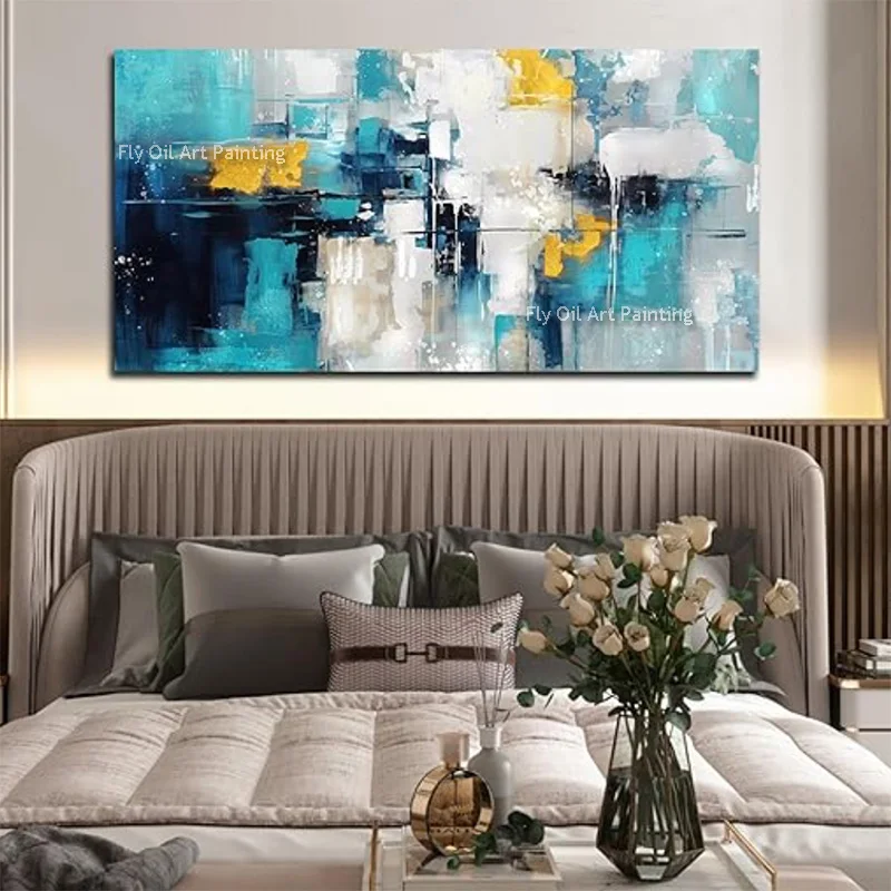 Light Green And Golden Abstract Thick Canvas Oil Painting Large Original Black Grey Artwork Blue White Oil Painting For Decor