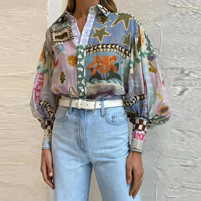 2024 Summer Women\'s New Style Elegant Polo Collar Long Sleeved Printed Painted Casual Fashion Shirt