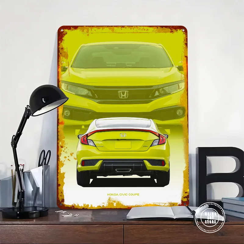 Japanese Car Civic Coupe Rear View Metal Poster Customized Wall Art Retro Vintage Metal Signs for Man Cave Mancave Decoration