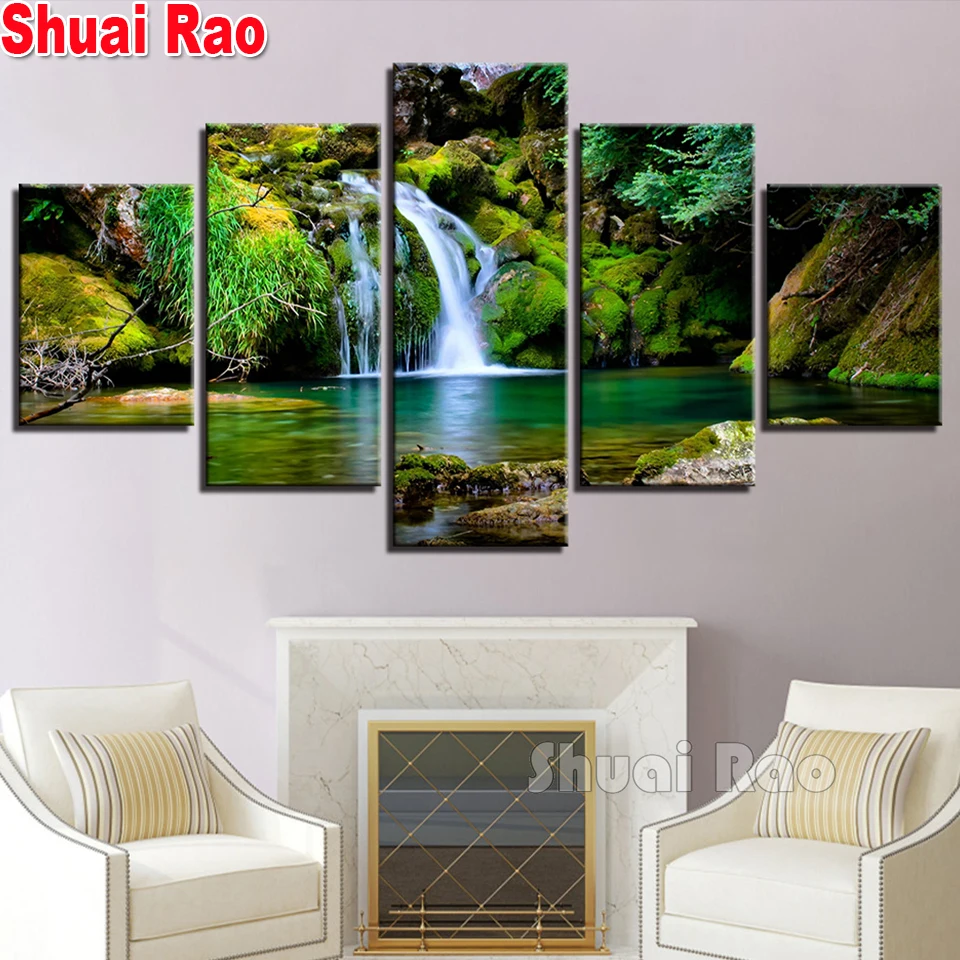 

5 Pcs Diamond Painting Forest Lake Waterfall 5d Diy Handmade Full Diamond Embroidery Green Natural Landscape Living Room Decor