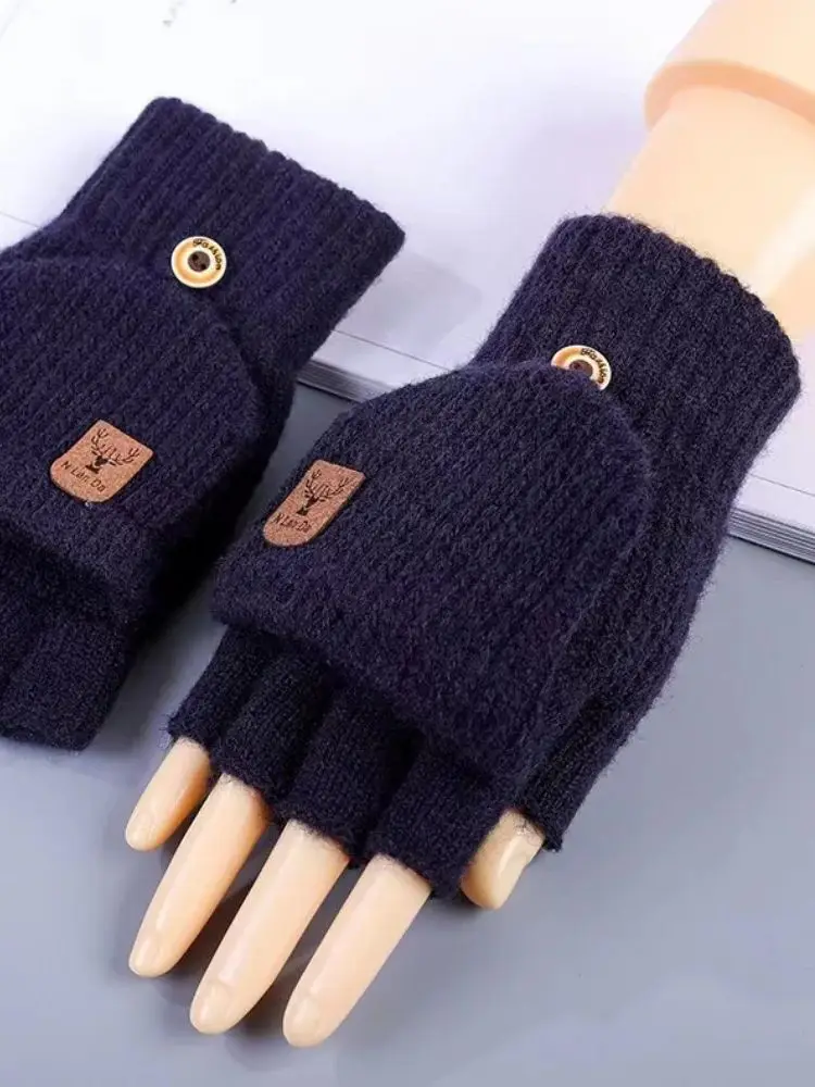 AliExpress WRELS Winter Half Finger Gloves Cold-proof Open Flip Design Knitted Warm Gloves Thick Elastic Windproof Plush Fingerless Gloves