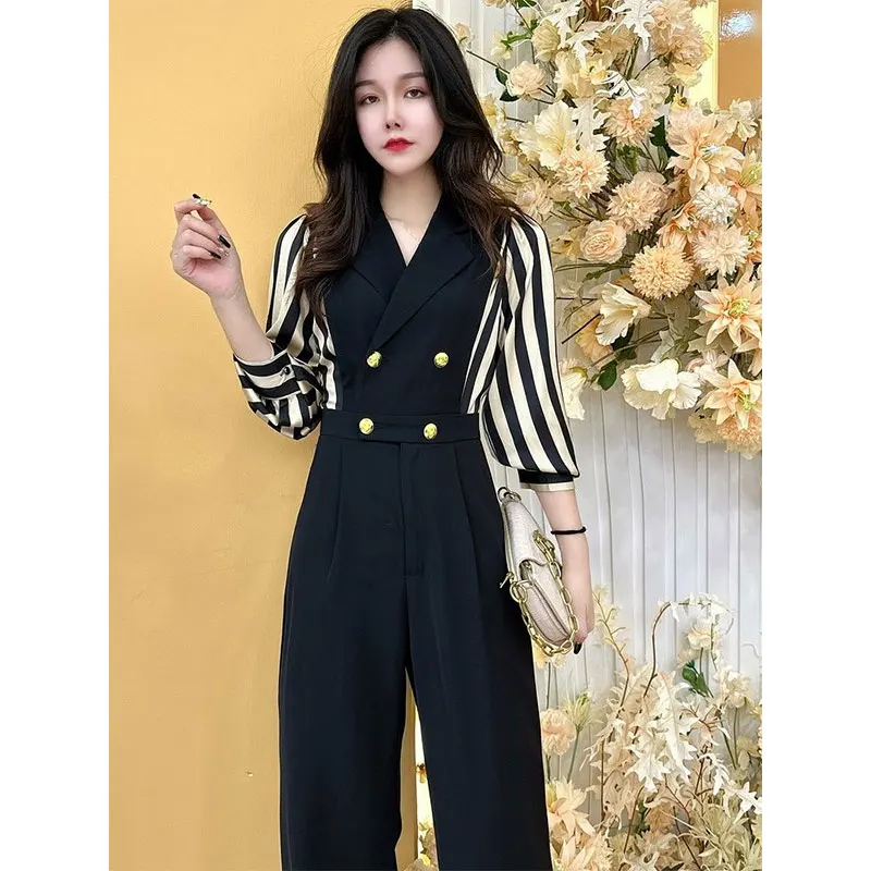 Spring Elegant Fashion Harajuku Slim Fit Female Clothes Loose Casual All Match High Waist Jumpsuit Stripe Straight Leg Pants