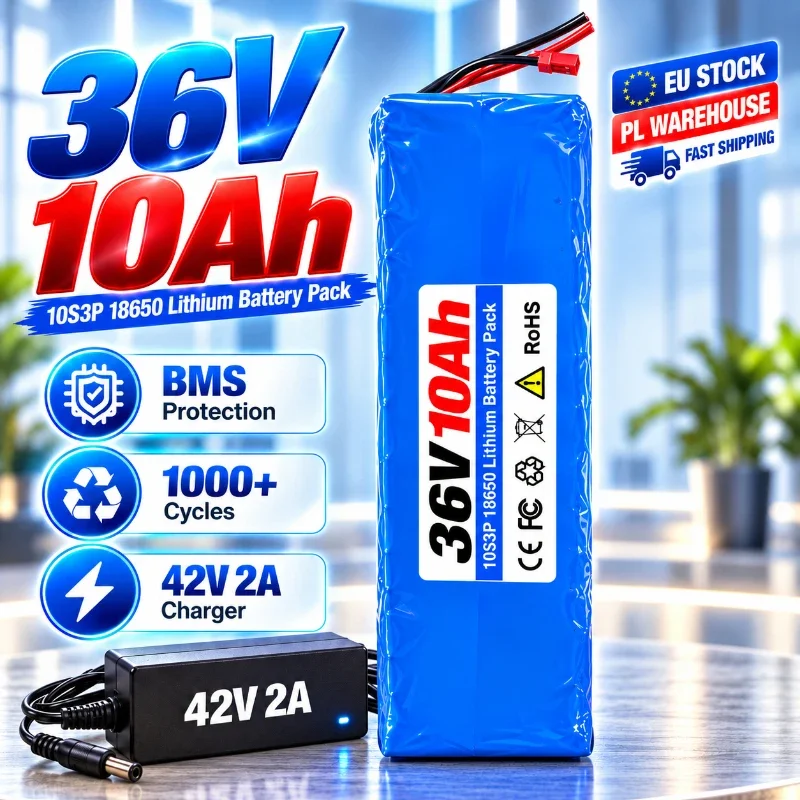 Batteria al litio 36V 10Ah 10S3P 18650 ricaricabile con BMS per e-bike, scooter, bicicletta elettrica, compatibile con motori fino a 1000W, caricabatterie 42V 2A, uscita stabile, alta capacità, oltre