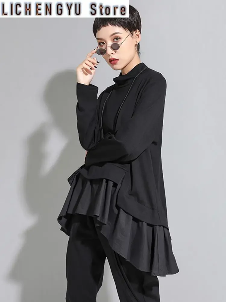 Loose Fit Asymmetrical Ruffles Sweatshirt New High Collar Long Sleeve Women Big Size Fashion Tide Spring Autumn
