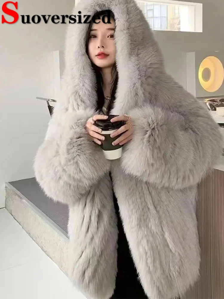 

Hooded Winter Faux Fox Fur Jacket Thicken Luxury Furry Coats Warm Korean Jaqueta Feminina Loose High Quality Plush Chaquetas