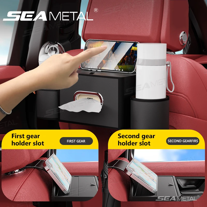 SEAMETAL All in One Seat Back Organizer for Car PU Leather Storage Box Tissue Holder/Cup Holder/Hook/Adjustable Phone Mount