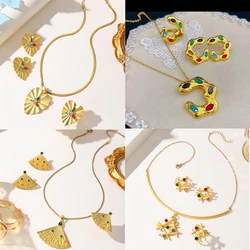 Hot Woman Jewelry Sets gold Color Fine Colorful zircon leaves Pendant Necklace Earrings Ring Fashion Party Wedding Holiday Gifts