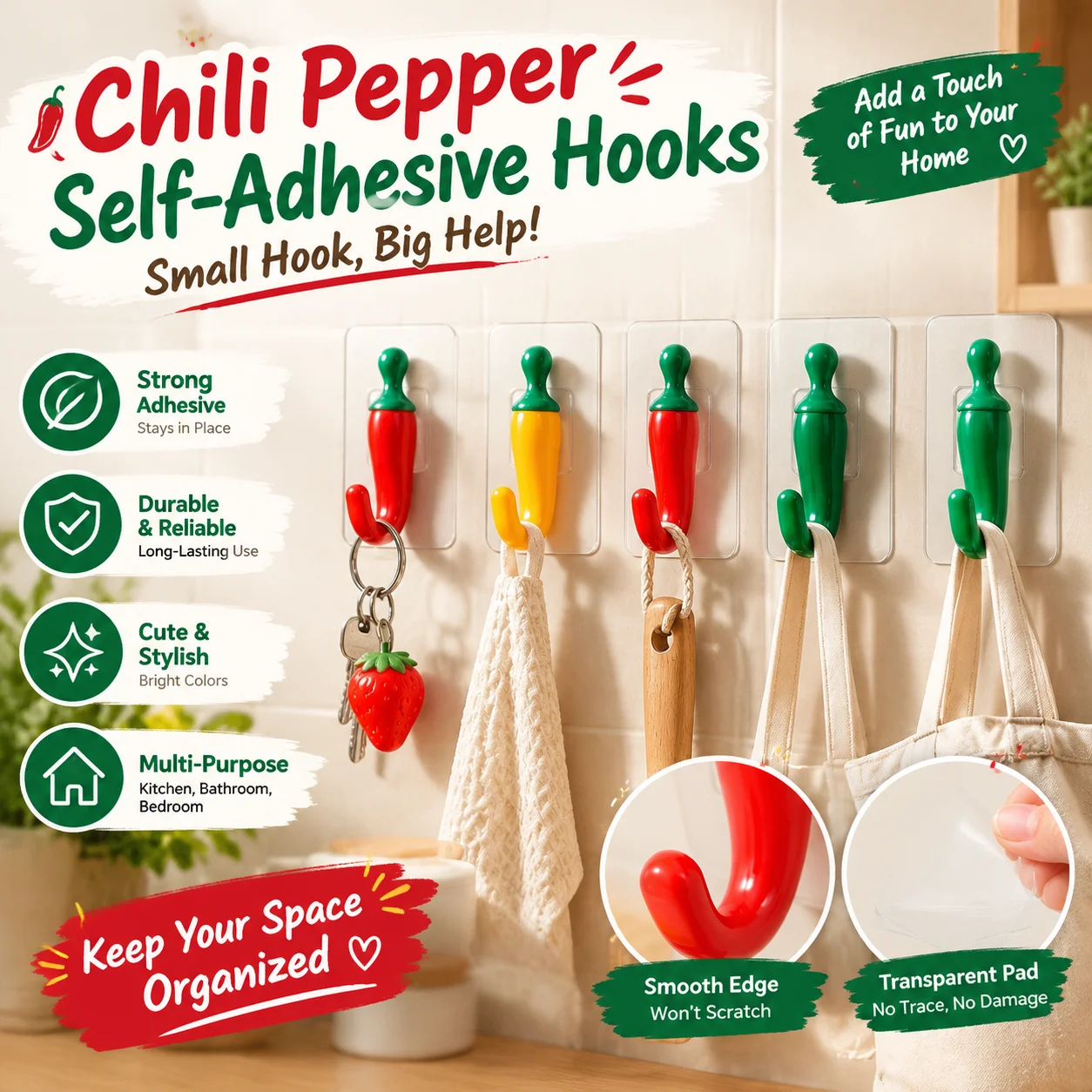 No-Drill Chili Pepper Adhesive Hooks for Kitchen Wall Creative Self-Stick Hangers Strong Removable Leave No Marks for Utensils