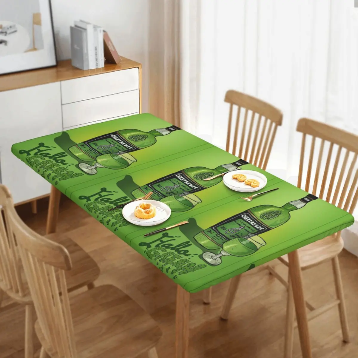 Green Chartreuse Bottle Oil Painting Drink Customized Rectangular Tablecloth Oilproof Table Cover for Festival Party Table Cloth