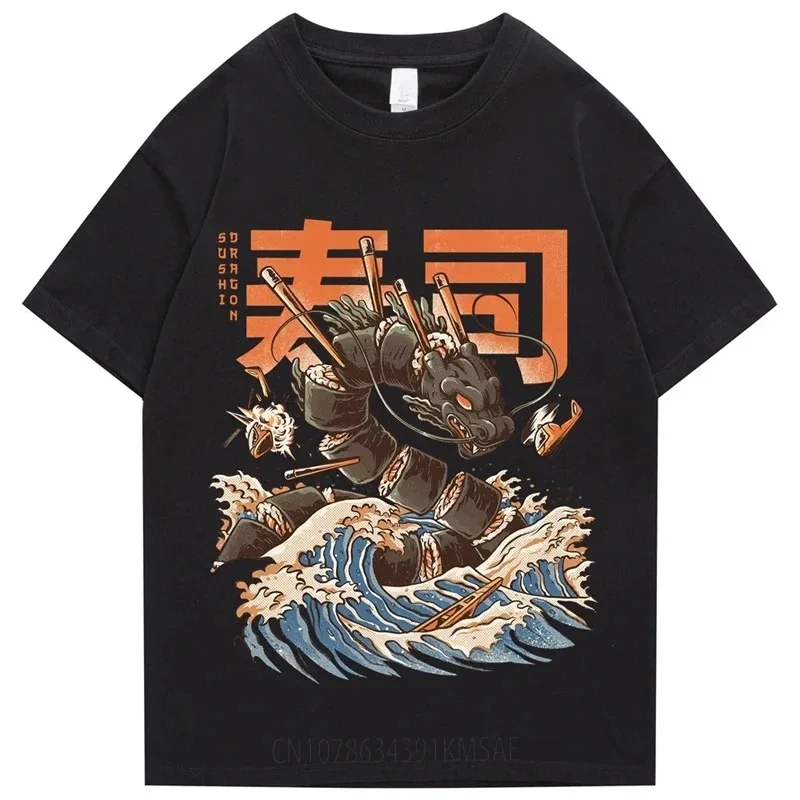 Japanese Kanji Dragon Sushi Print T-Shirt Hip Hop Men's Street Tshirt Harajuku Cotton Casual Summer Short Sleeve Tee-Shirt