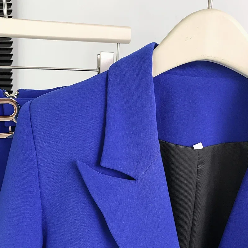 Royal Blue Women Suit Set Formal Blazer+Pants Single Button Slim Fit Cotton Business Work Wear Office Lady Jacket Coat