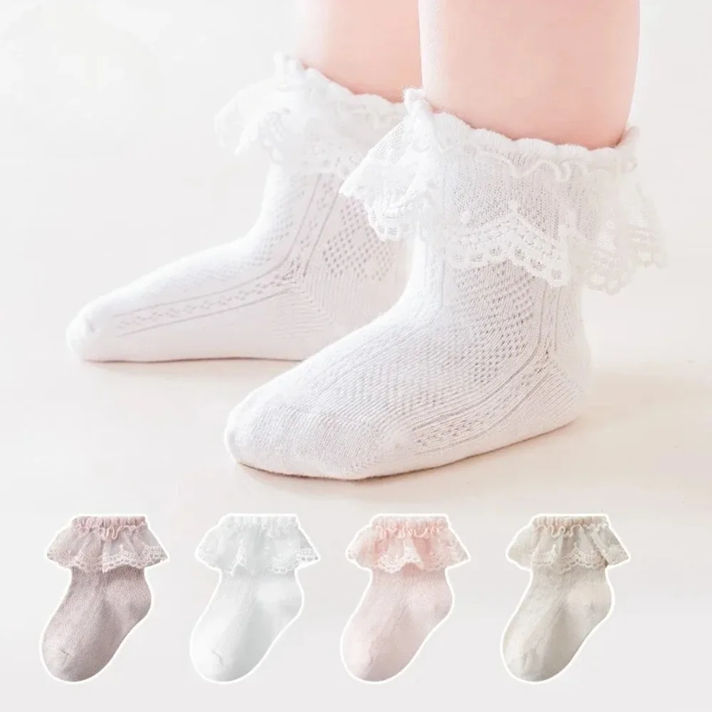 Newborn Baby Girls Socks Infant Toddler Cotton Lace Ruffle Princess Mesh Mid Calf Summer Thin Breathable Anti Slip Kids Socks