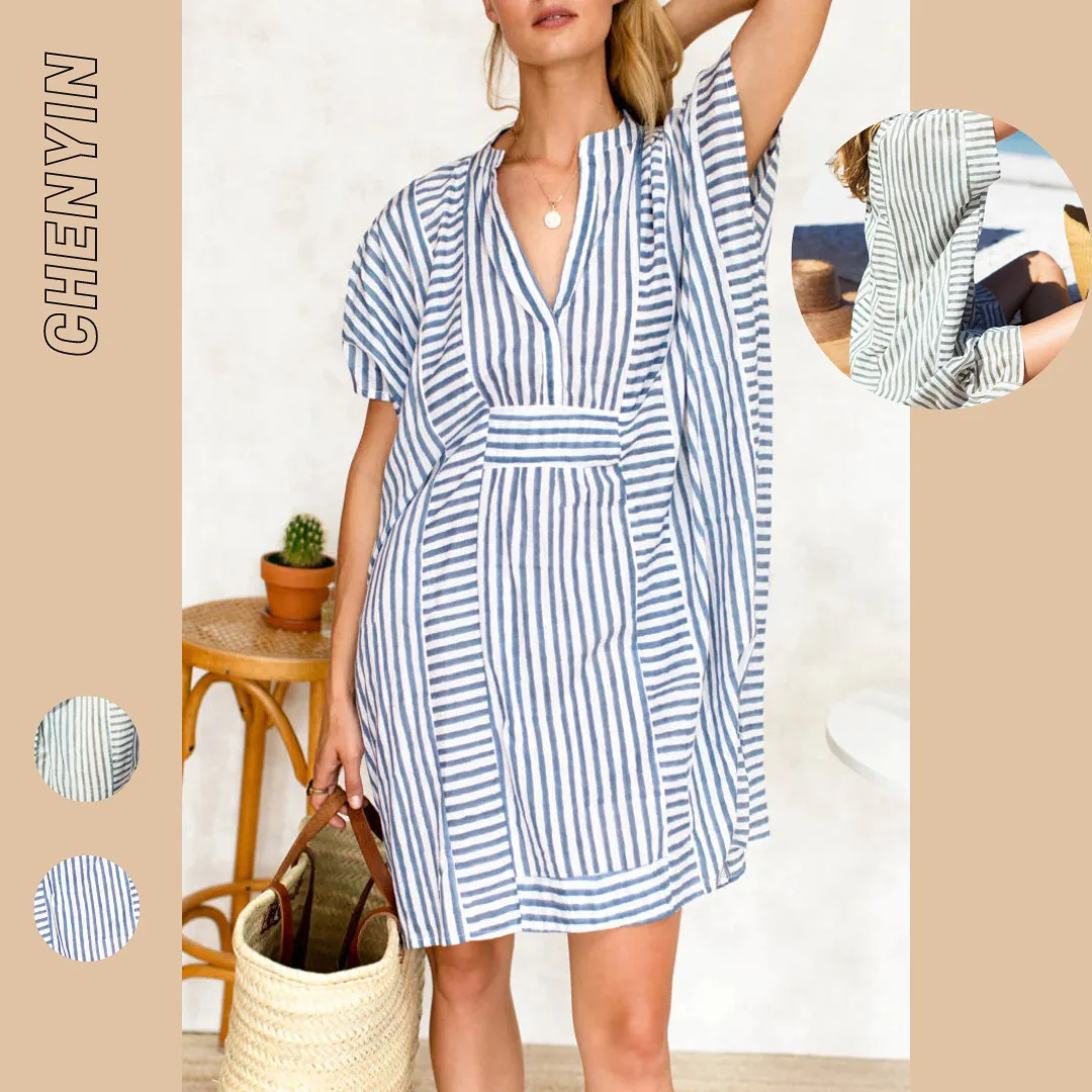 

Богемное платье с полосатым принтом, свободное, с V-образным вырезом, для пляжного отдыха, с коротким рукавом, ультралегкое, струящееся, из хлопка и льна, сарафан