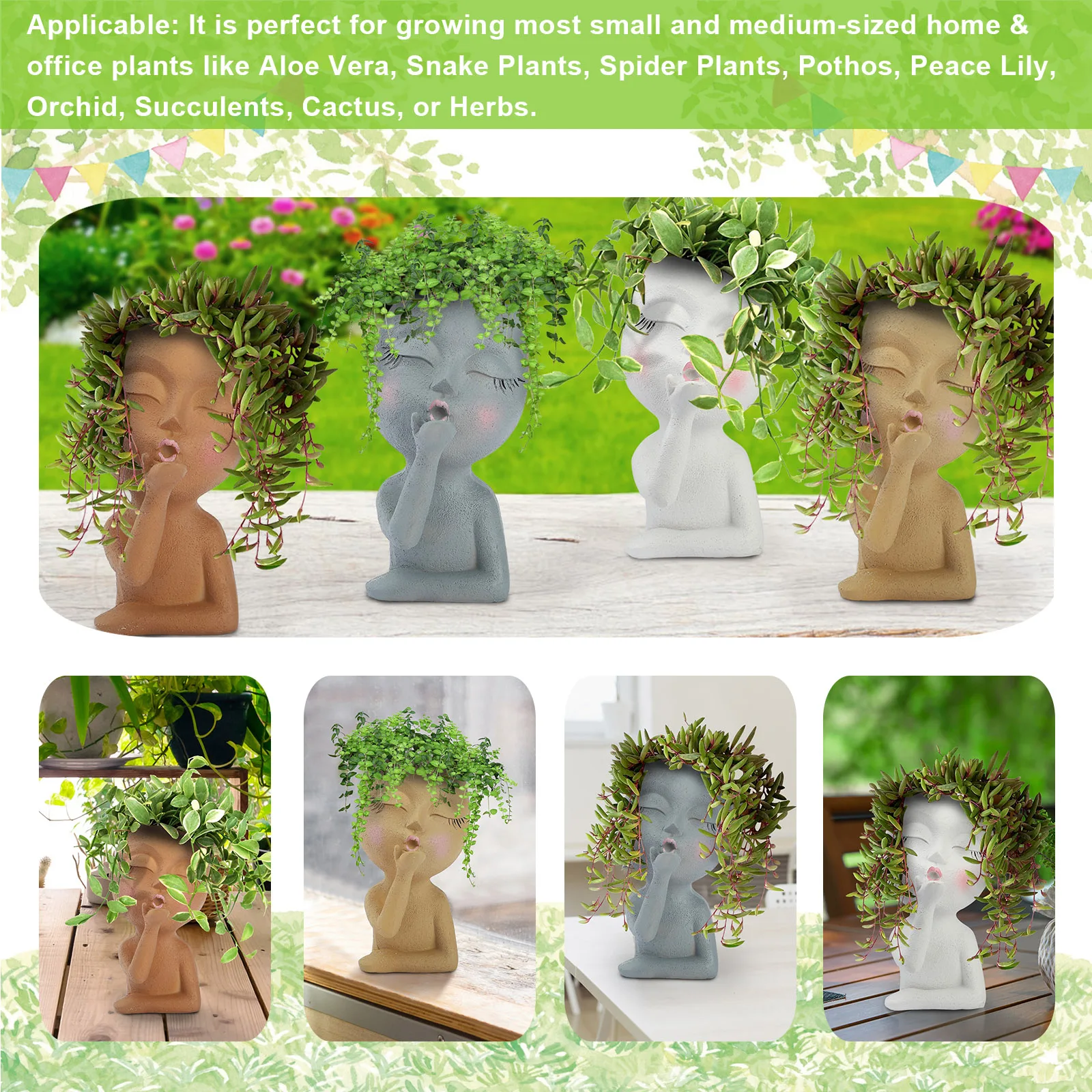 Plant Pot Girls Face Head Flower Planter Cartoon Doll Vase Plater Home Office Resin Closed Eyes Garden Figure Sculpture