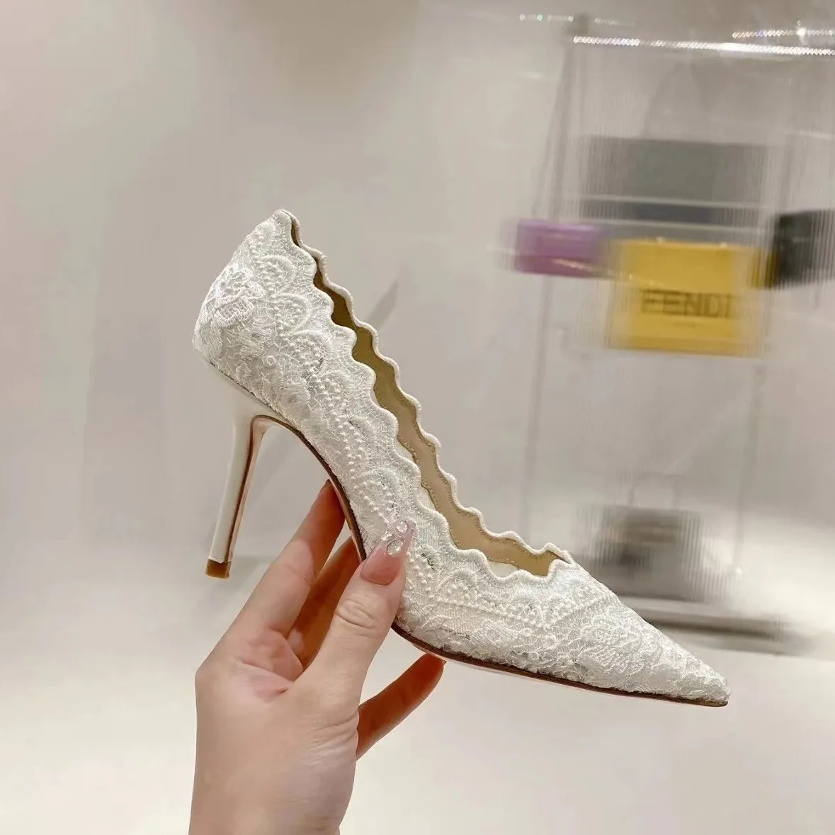 

White Lace Embroidered Slip-on Pumps Summer Women's Hollow Thin High Heel Pointed Toe Sexy Banquet Party Wedding Shoes