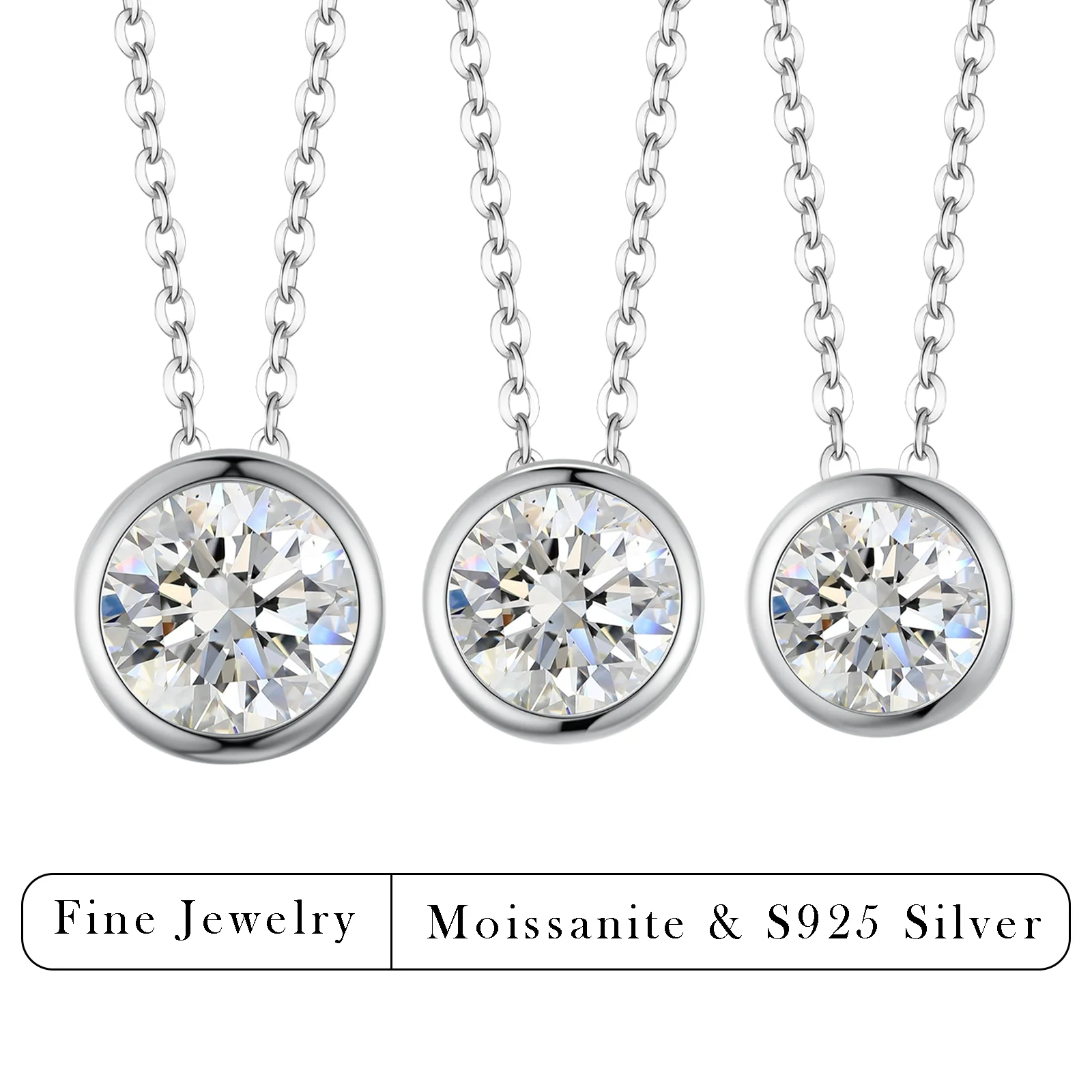 

1.0 -3.0 CT S925 Silver Bezel Set Round Cut Moissanite Pendant Necklace Dainty Double Chain Fine Jewelry Daily Wear Gift for Her