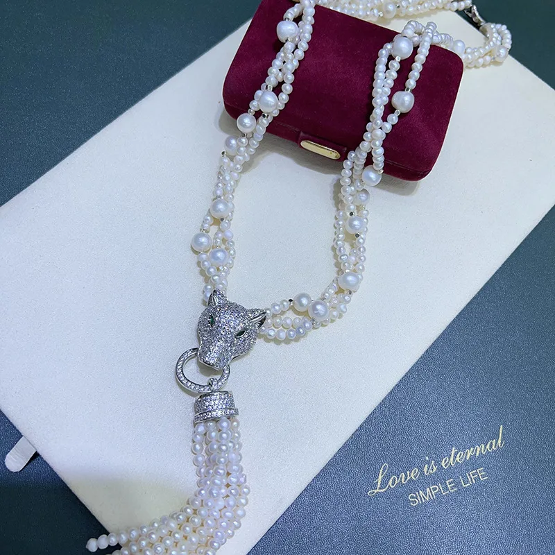 Domineering Leopard Head Multi-layered Pearl Necklace Elegant Exquisite Noble Luxurious