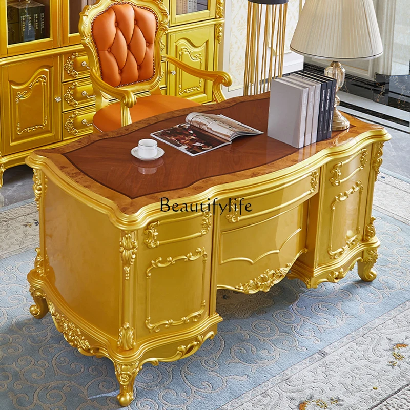 

z.European desk American luxury solid wood carving flower retro gold desk high-end atmosphere