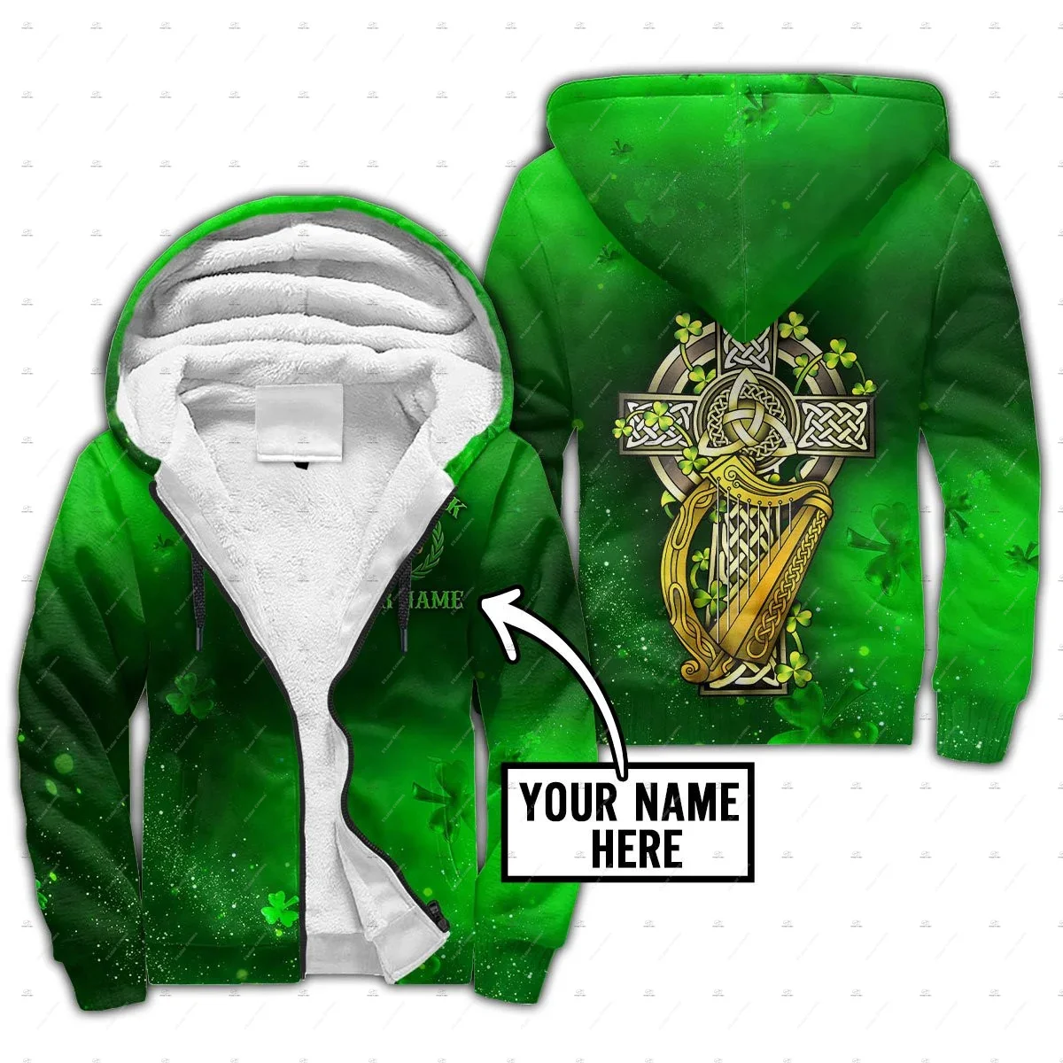 Custom Name Irish Ireland Country Flag St.Patrick Vintage 3DPrint Harajuku Autumn Winter Warm Coat Fleece Jacket Zip Hoodies X2