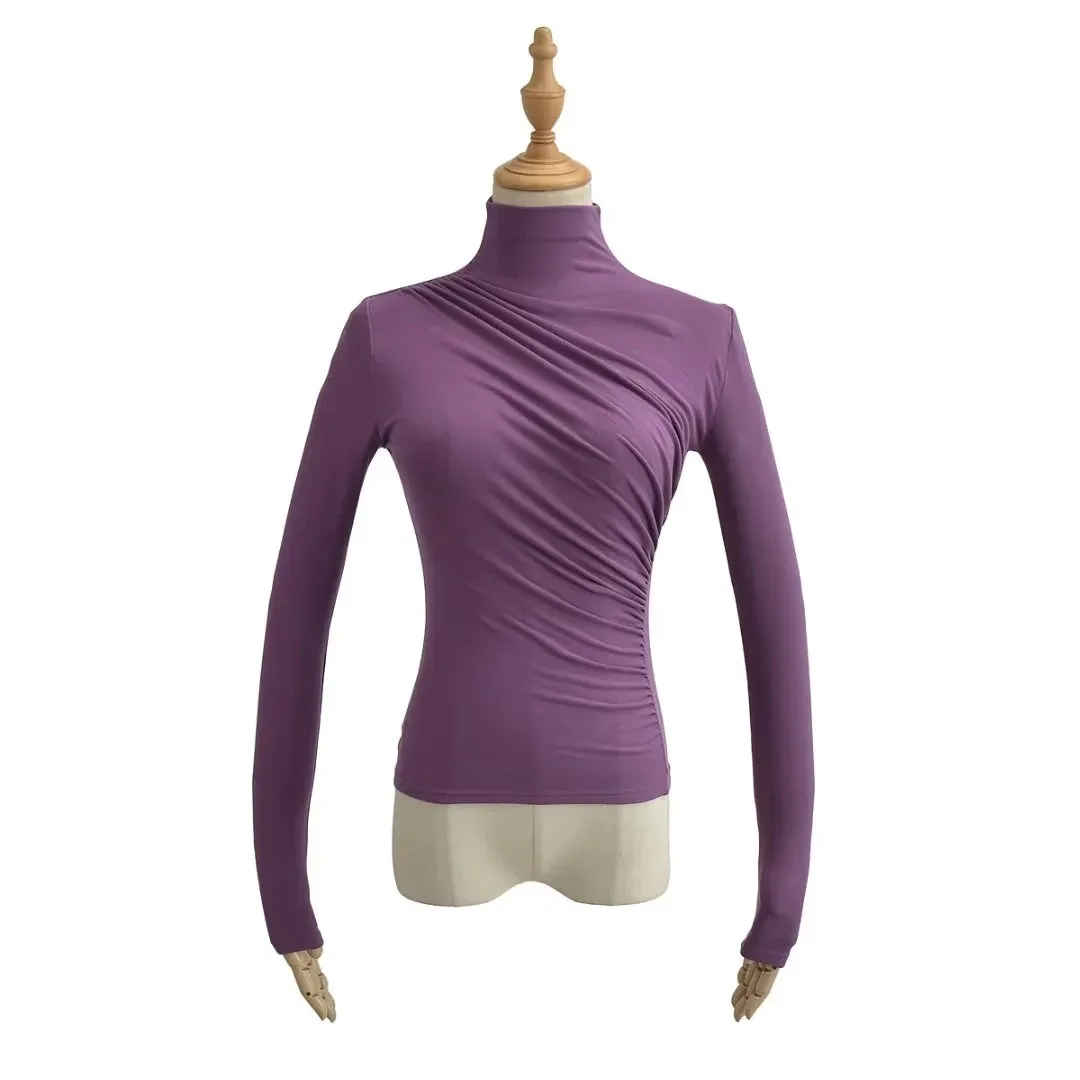 Sexy plissado base cabida irt f gola alta elástica fce forrado camiseta feminina faionable busin longo sve poliéster