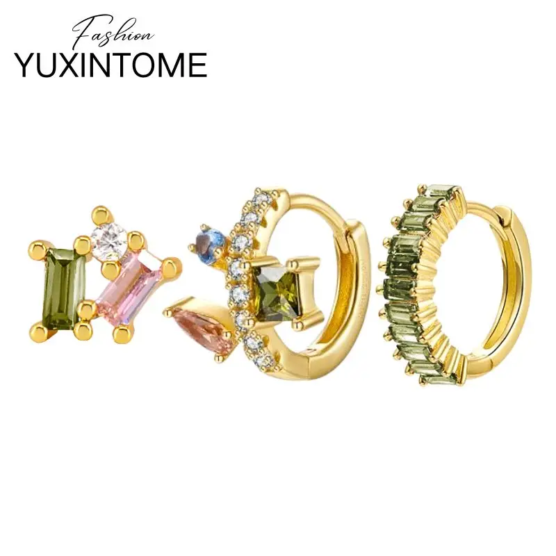 925 Sterling Silver Needle Olive Green Splicing Earrings For Women Colorful Crystal Geometry Hoop Earrings Party Fine Jewelry