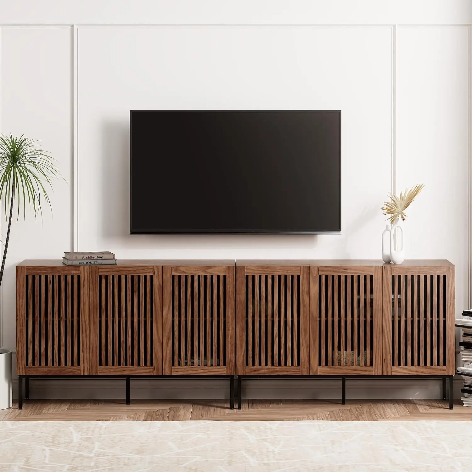 Farmhouse TV Stand for TVs up to 100 inch, 2 in 1 Entertainment Center TV Console with Storage Cabinets and Metal, Customized