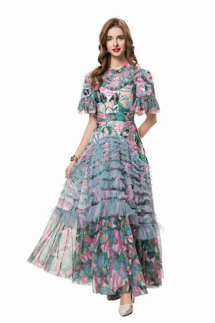 Vestidos femininos o pescoço mangas curtas floral impresso em camadas babados elegante designer de moda vestido de festa maxi vestidos S-4XL