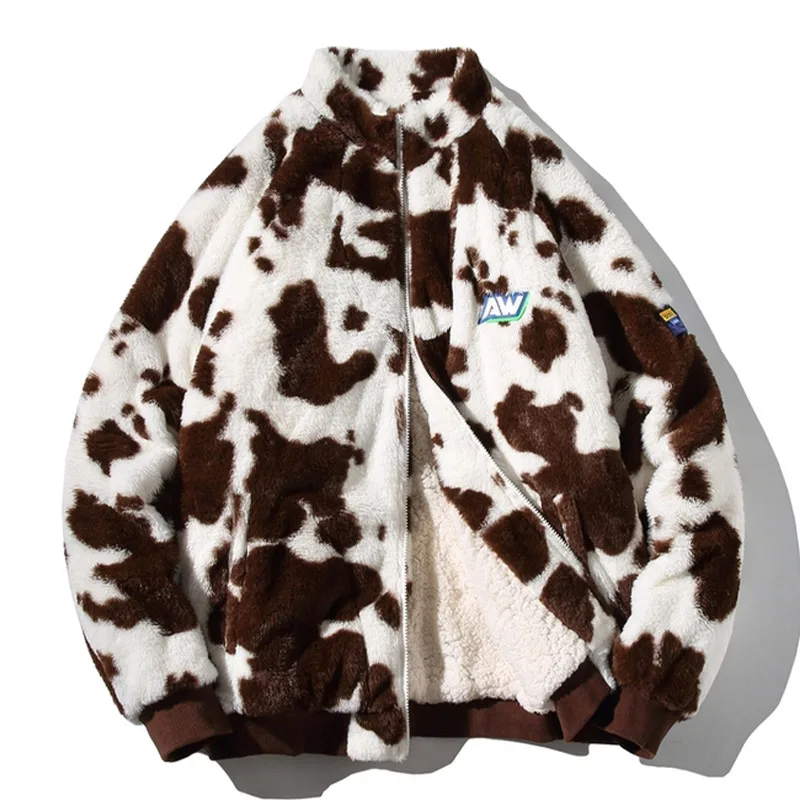 Men Winter Cow Spots Lamb Wool Jacket Oversized Hip Hop Quilted Fake Fur Coat Padded Warm Stand Up Collar Streetwear Unisex