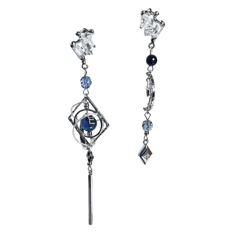 R7UF Fashionable Alloy Star Moon Earrings Featuring Extended Chain And Glittering Zircon Crystal Drop Ear Accessory