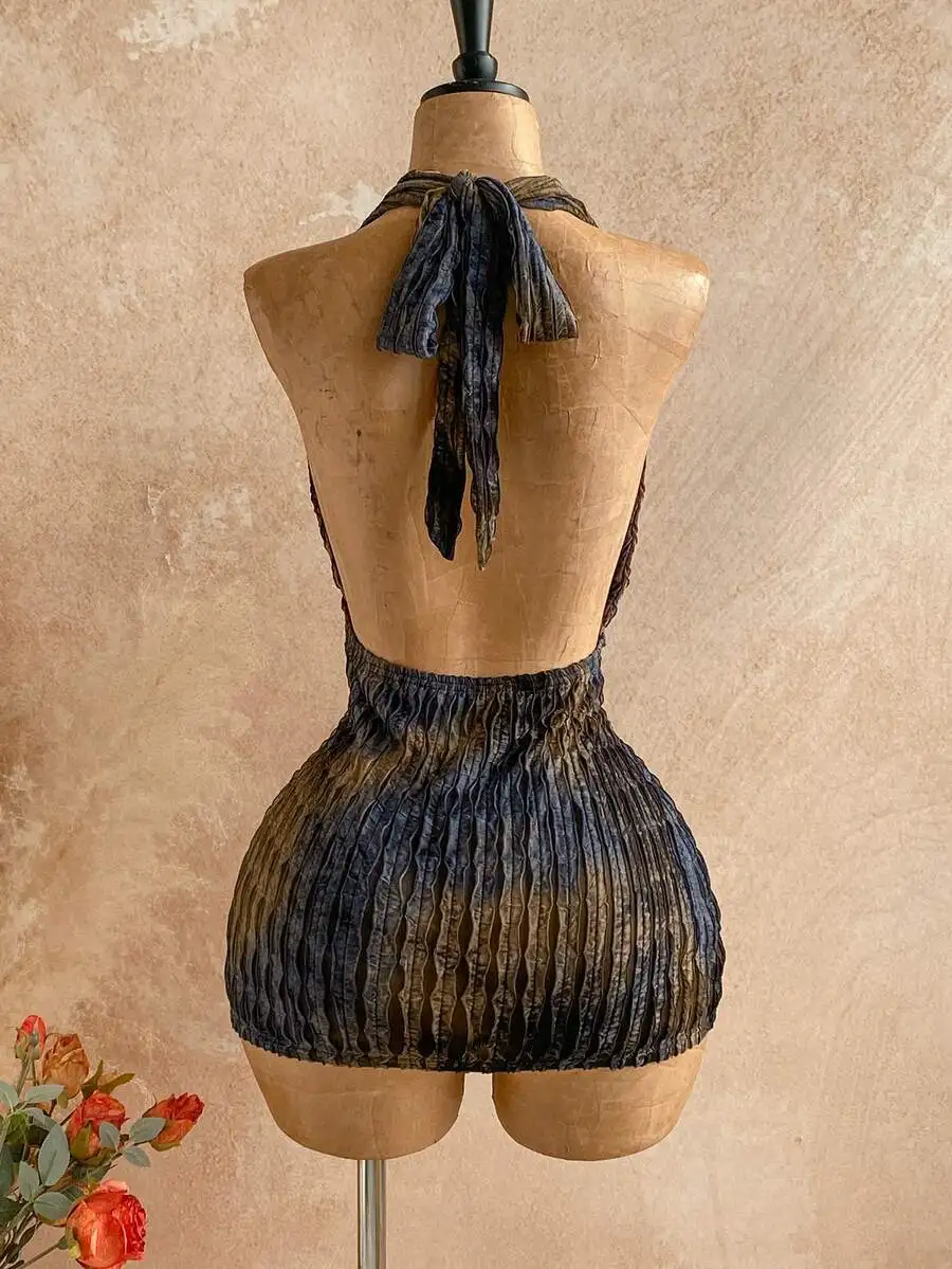 

Backless Halter Mini Dress With Tie Dye Textured Knit Bohemian Beach Vacation Party Dress