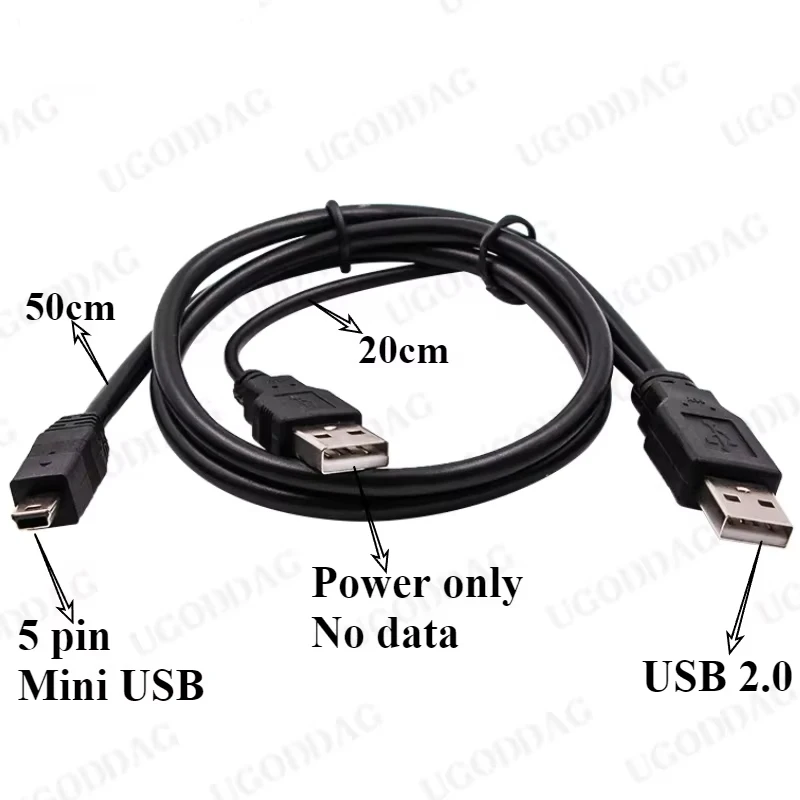 2 in 1 USB 2.0 Double A Type 2A Male to Mini 5 Pin Male Y Cable For 2.5