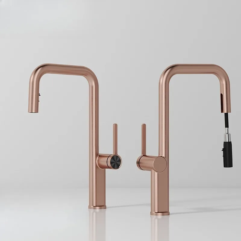 

U-образный выдвижной смеситель, бытовой брызгозащищенный смеситель для горячей и холодной воды, выдвижной смеситель для кухни, матовое золото