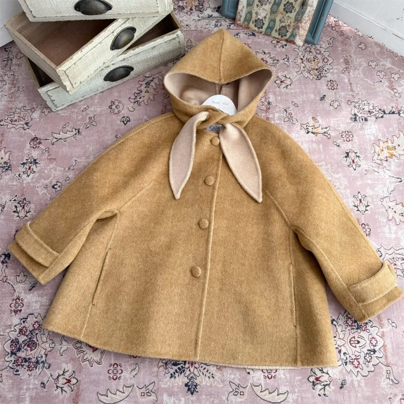 Girls' Reversible 100% Wool Cashmere Hooded Jacket Warm Coat Ins Handmade Boutique Kids Clothes