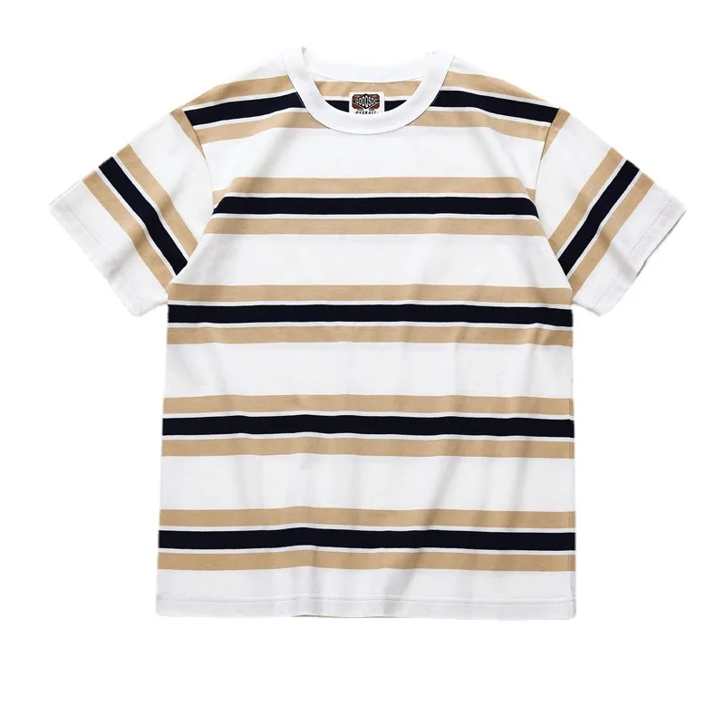 230G Heavyweight Cotton Striped T-Shirts For Men Summer Breathable Casual Loose Classic Fashion Short-Sleeved Youth Male Tops