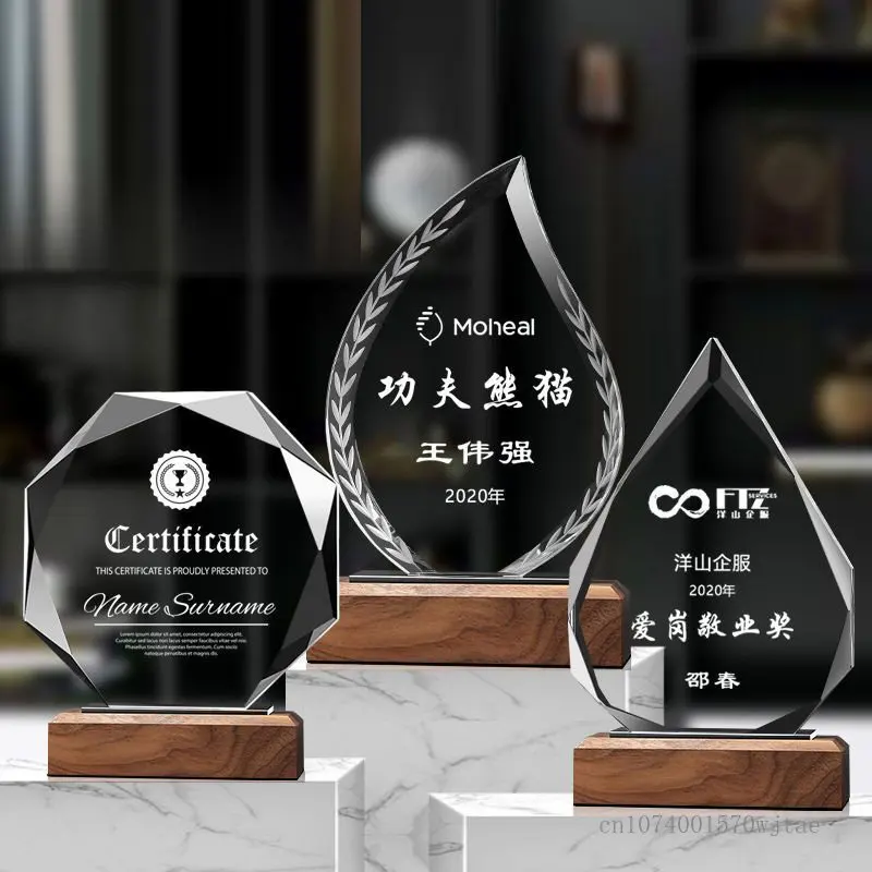 Creative Wooden Base Crystal Trophy Customized Lettering octagonal Company annual Meeting, Excellent Staff Medal, Souvenir Award