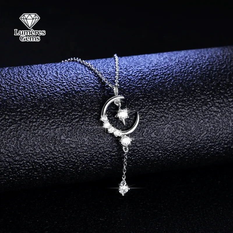 Luxury Platinum Pt950 Pendants 1 Carat Moissanite Diamond Necklace Women'S Star Moon Fringe Clavicle Chain Wedding Jewelry