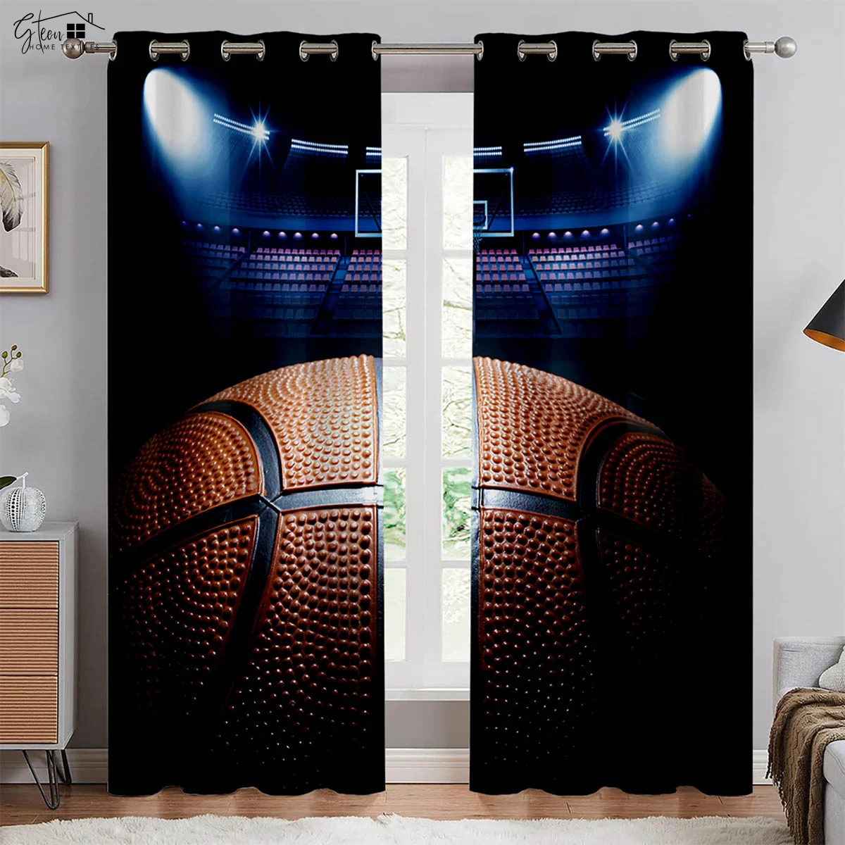 2pcs Cool Basketball 3D Printed Curtains Slam Dunk Competition Living Room Boys Room Decorative Curtains Machine Washable