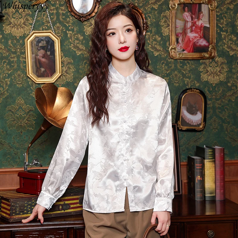 Retro Stand-up Collar Satin Long-sleeved Shirt Women's Casual Blusas De Elegantes Spring Autumn New Cheongsam Style Tops Female