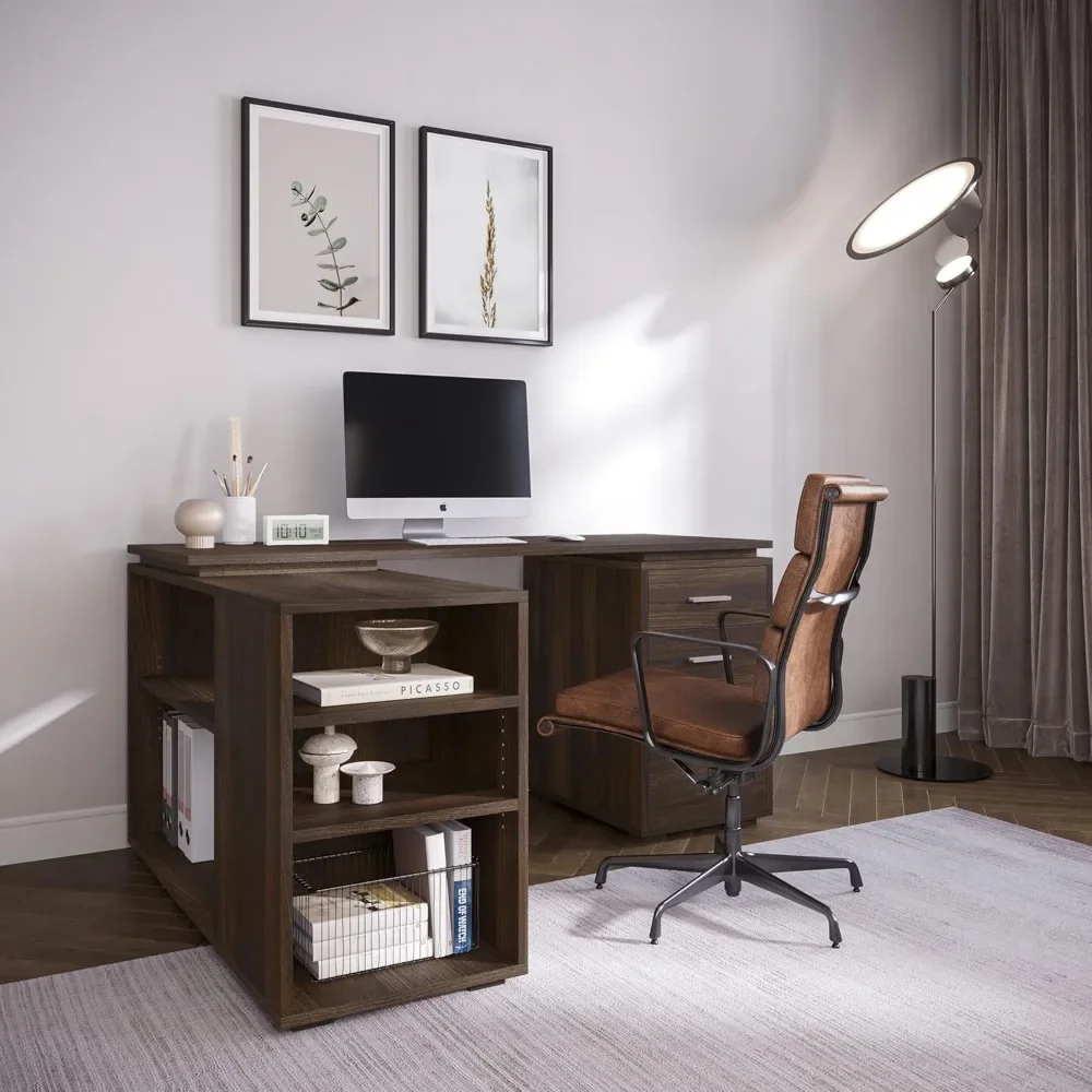 60” Writing Desk with Adjustable Storage Shelves and 3 Drawers, L Shaped Corner Workstation, Study Computer Desk