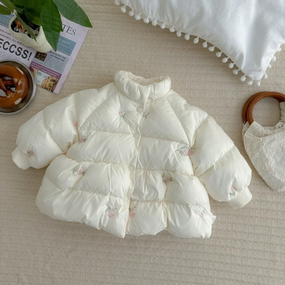 2024 Winter New in Kids Baby Girls Thicken Plush Warm Sweet Clothing Top Outwear, Toddler Infant Embroidery Floral Jacket Coat