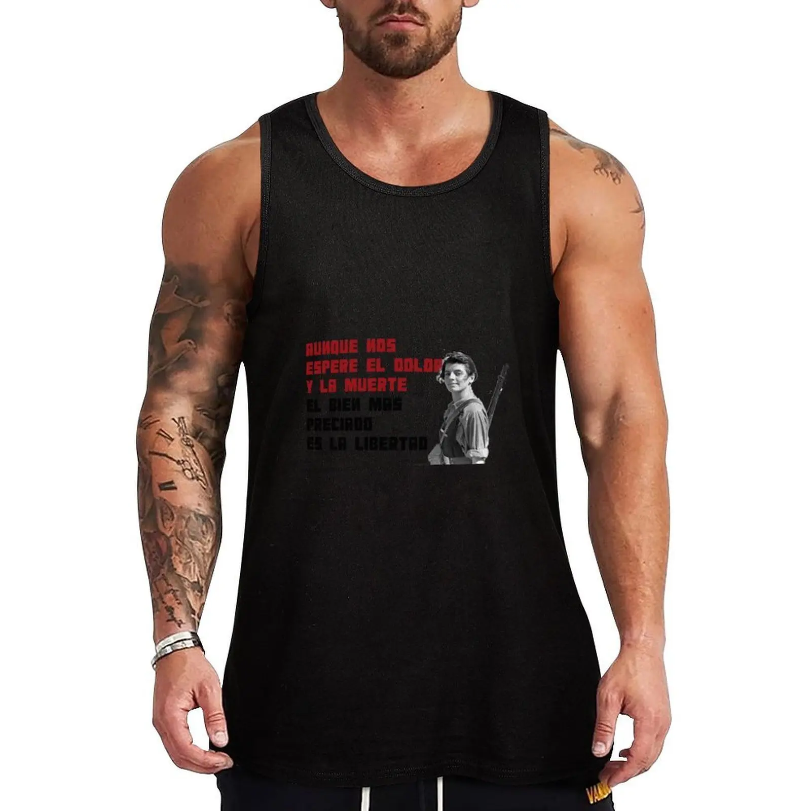 Camiseta sin mangas deportiva Dry Fit con estampado de Miliciana anarquista y himno de la CNT
