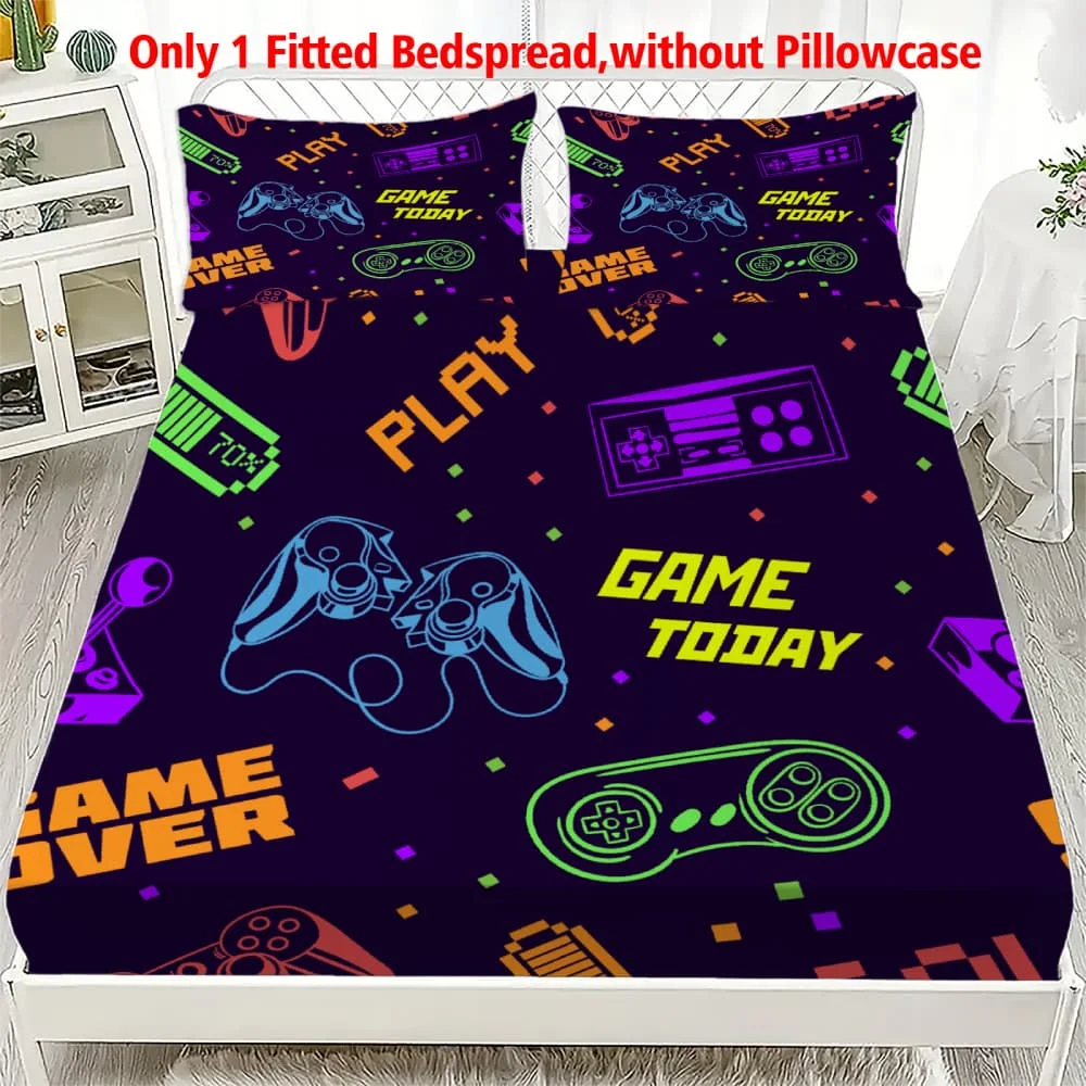 1pc Neon Retro Video Game Controller Print Fitted Sheet Deep Pocket Elastic Mattres Cover Single Double Queen King Bedroom Decor