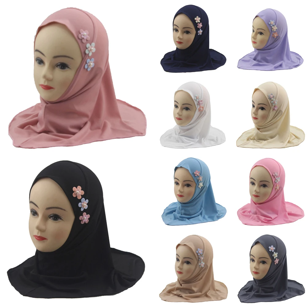 Jilbab anak kecil bunga indah rami kristal topi Arab syal Melayu lucu untuk 2-6 tahun Hijab instan Muslim anak perempuan