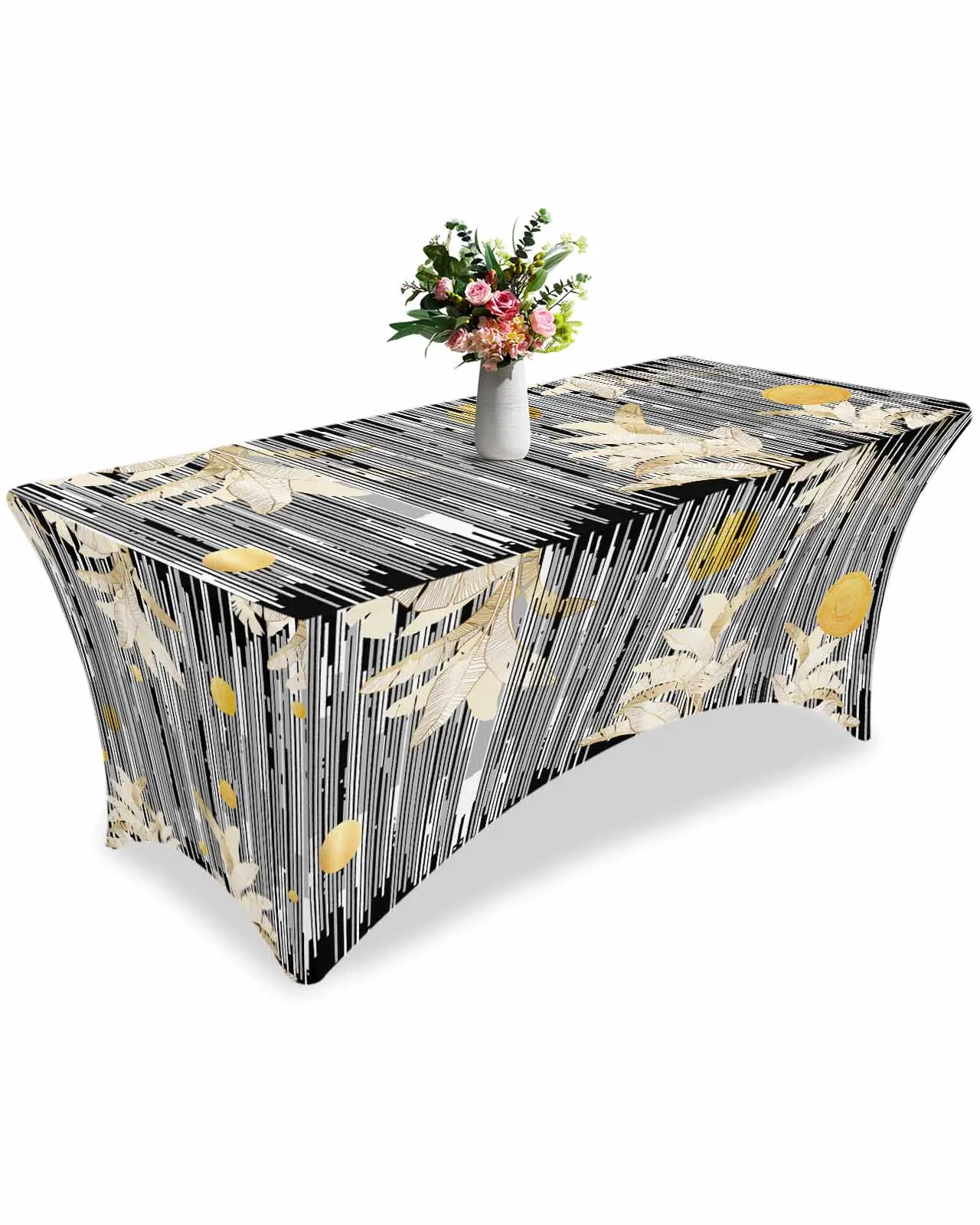 Abstract Black And White Leaves High Stretch Tablecloth Wedding Party Decor Elastic Print Table Cover Outdoor Table Cloth